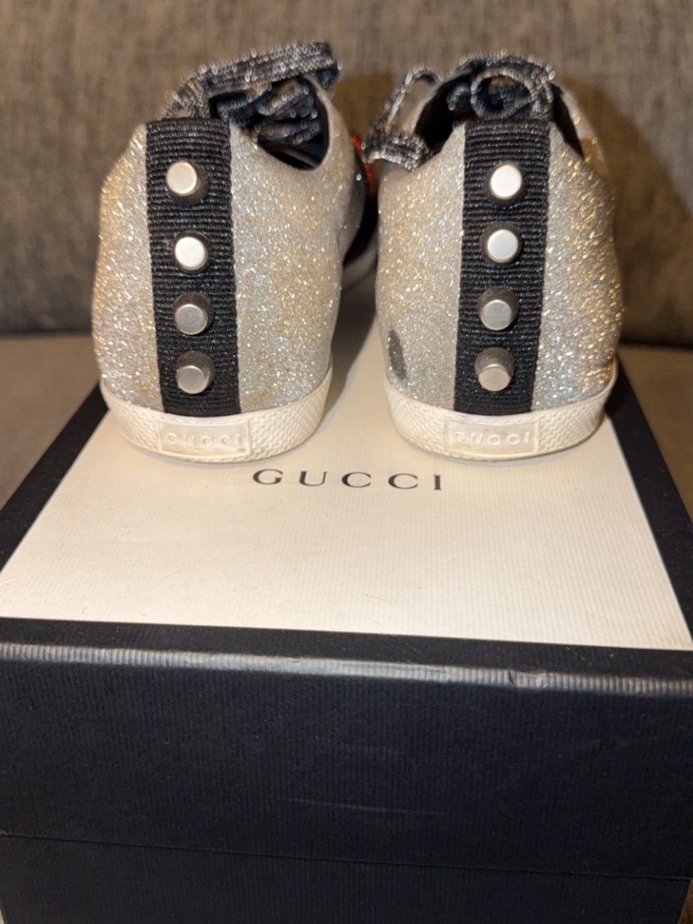 Gucci Silver Glitter Sneakers with Red and Blue Web Stripe - Picture 5 of 6